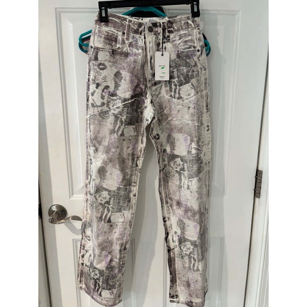 Forever‎ 21 Premium 90s Fit Collage Print Jeans Purple Gray White Size 23 NWT